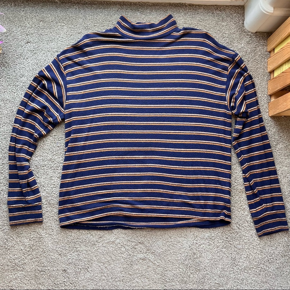 navy striped mock neck long sleeve tee